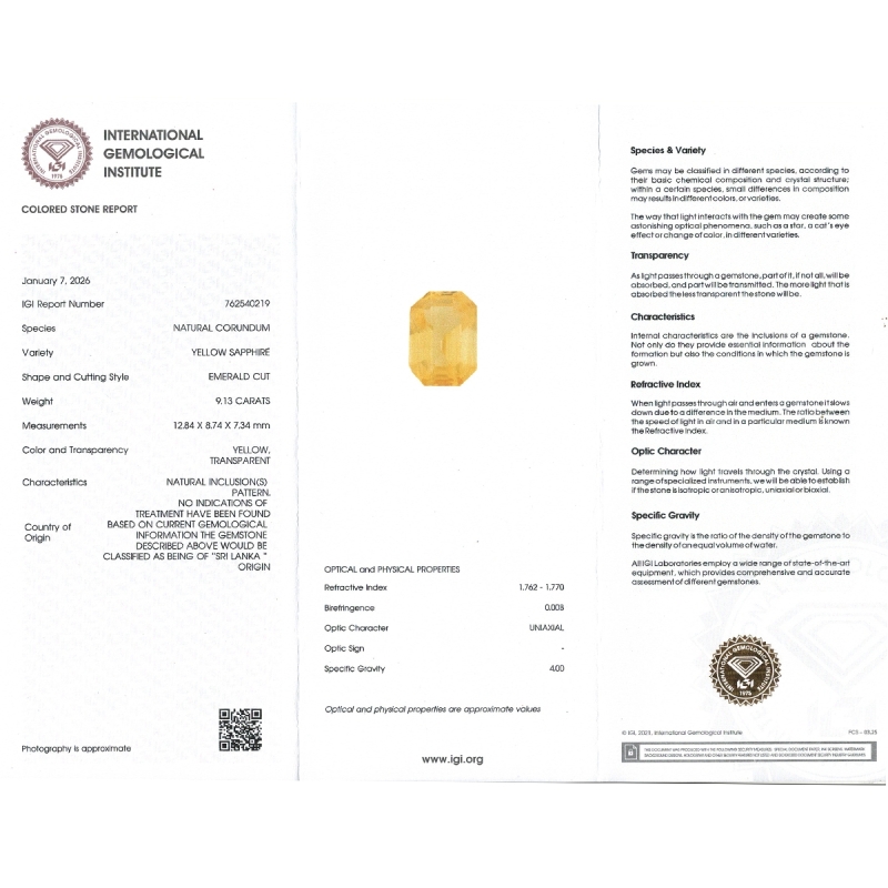 9.13 Cts. Yellow Sapphire Loose Gemstone 