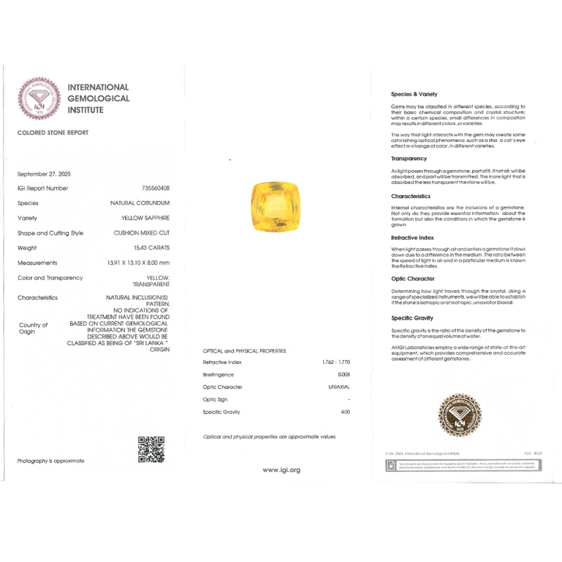 15.43 Cts. Yellow Sapphire Loose Gemstone 