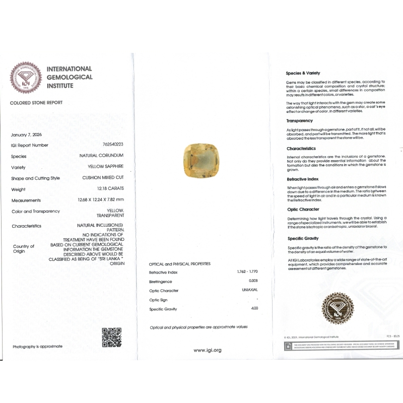 12.18 Cts. Yellow Sapphire Loose Gemstone