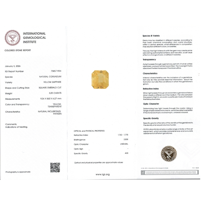 5.20 Cts. Yellow Sapphire Loose Gemstone