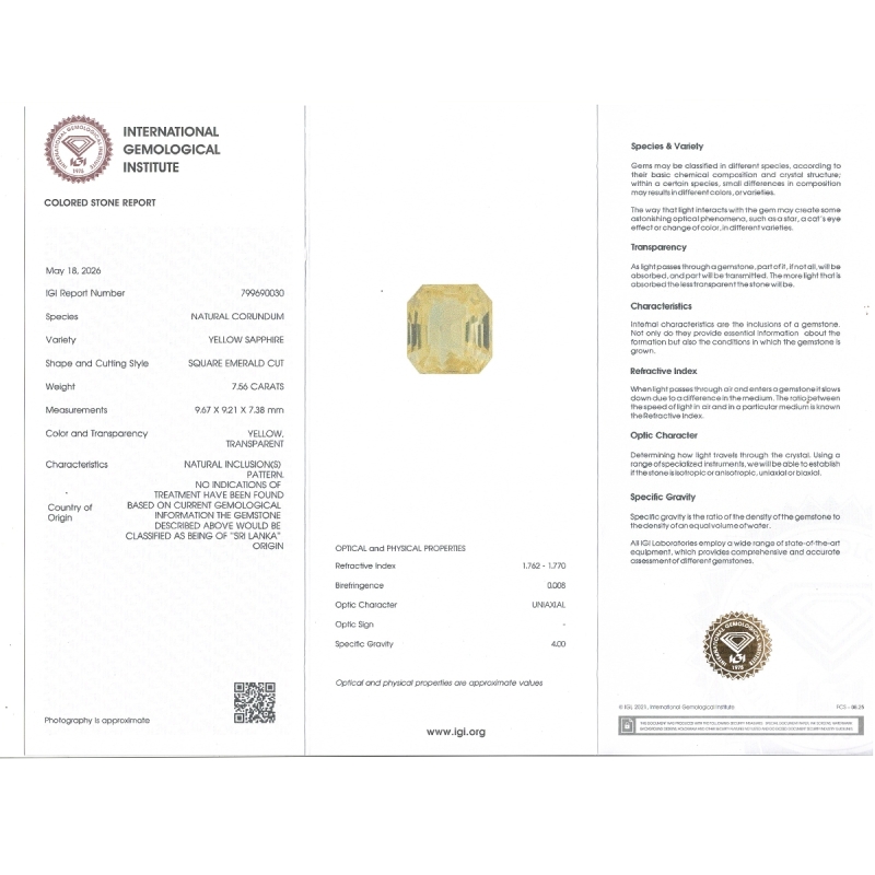 7.56 Cts. Yellow Sapphire Loose Gemstone