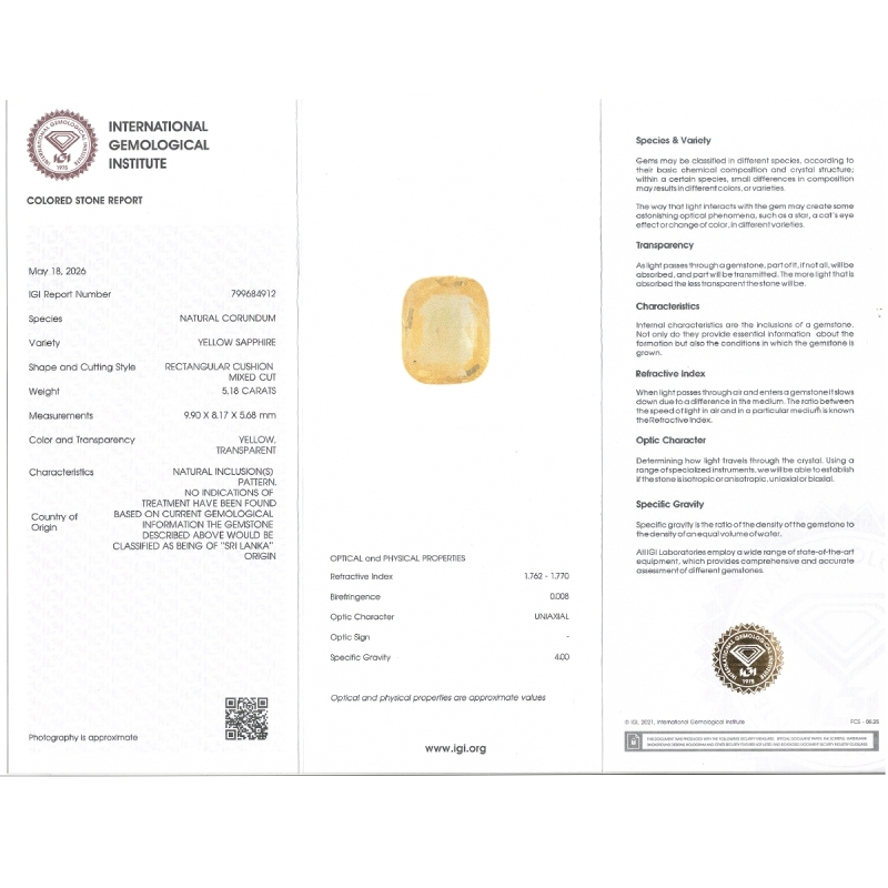 5.18 Cts. Yellow Sapphire Loose Gemstone