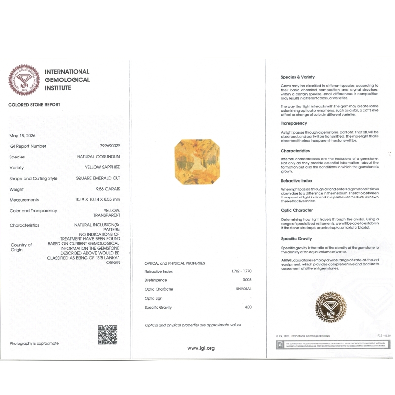 9.56 Cts. Yellow Sapphire Loose Gemstone
