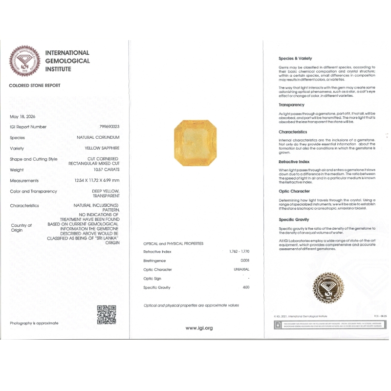 10.57 Cts. Yellow Sapphire Loose Gemstone