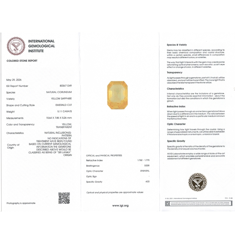 5.11 Cts. Yellow Sapphire Loose Gemstone